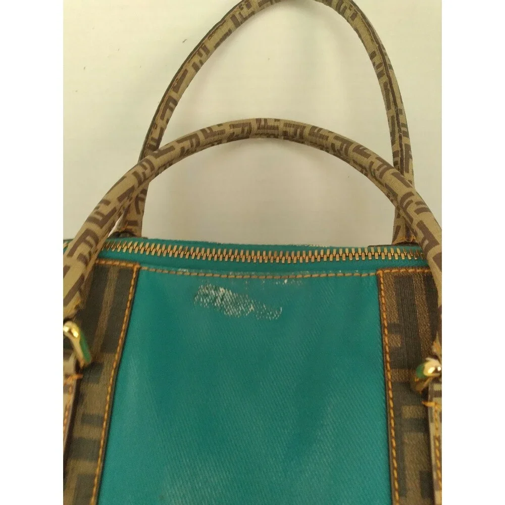 Fendi Monogram Turquoise Leather Tote Bag with FF‎ Pattern Trim Designer Handbag